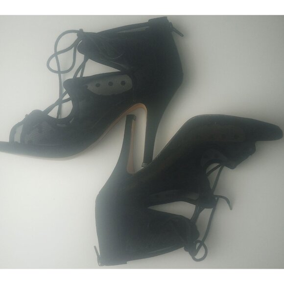 Torrid Black Polka Dot Mesh Lace Up Tie Zipper Stiletto Heels Size 9W - Picture 2 of 12